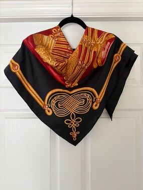 Authentic Hermès Brandebourgs 90 Luxury Silk Scarf Black Red Gold Cathy Latham